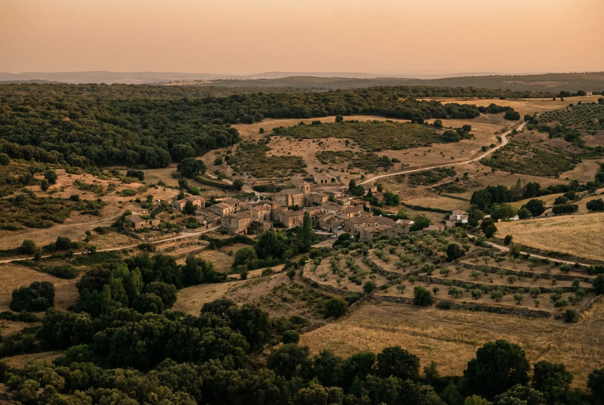 Pueblo rodeado de campos, olivares y bosque al atardecer